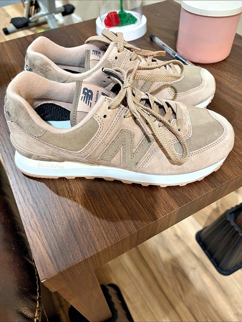 New Balance 574 Linen Century Pink Gum Tan & White Sneakers